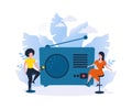 Online radio podcast. Women recording interview. Talk show. Announcer communicates with guest in studio. Audio news broadcasting.