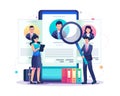 Online recruitment concept with a businessman holds a big magnifier searching for new candidate employees Flat vector illustration Royalty Free Stock Photo