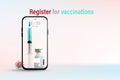 Online registration concept for vaccinations presented by smartphone Vaccination vials syringes and replica of the COVID-19 virus