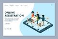 Online registration landing page. Isometric front desk, passengers with luggage. Airport online services vector concept
