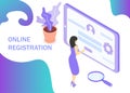 Online registration in purple colors. Registration form in internet. Use for web banner, infographics, reports. Isometric