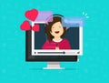 Online remote dating concept on computer video communication app vector illustration, flat cartoon distance relationship