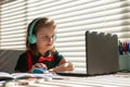 Online remote learning. School kids with computer having video conference chat with teacher in class. Child studying at Royalty Free Stock Photo