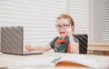 Online remote learning. School kids with computer having video conference chat with teacher in class. Child studying at Royalty Free Stock Photo