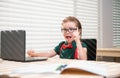 Online remote learning. School kids with computer having video conference chat with teacher in class. Child studying at Royalty Free Stock Photo