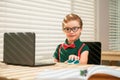 Online remote learning. School kids with computer having video conference chat with teacher in class. Child studying at Royalty Free Stock Photo