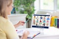 Online remote learning. Teacher with computer Royalty Free Stock Photo