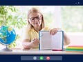 Online remote learning. Teacher with computer Royalty Free Stock Photo