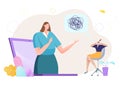 Online remote psychologist doctor appointment, tiny woman character mental problem flat vector illustration, isolated on