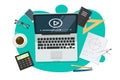 Online remote webinar lesson vector or student school distance video learning on laptop computer working desk table top view flat
