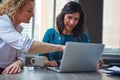 Online research keeps them one step ahead of competition. two businesswomen using a laptop together in an office. Royalty Free Stock Photo