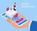 Online reserved table in restaurant. Concept Reserved in cafe. Isometric concept of table online reservation, mobile