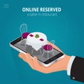 Online reserved table in restaurant. Concept Reserved in cafe. Flat 3d isometric vector illustration.