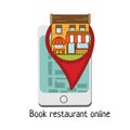 Online restaurant or cafe booking service icon, flat design of mobile phone for poster, banner, logo, icon on website. Royalty Free Stock Photo