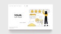 Online review concept, feedback with star. Woman take a 5 star