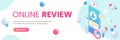 Online review trendy fluid banner. Customer Feedback isometric 3d concept. User icon and product positive comment on smartphone