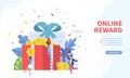 Online reward landing page. Tiny people receives different gift boxes for good job corporate offer, digital referral