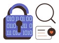 Data Security and Privacy Concept with Lock, Binary Code, Magnifying Glass, and Document Elements Royalty Free Stock Photo