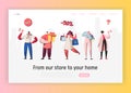 Online Sale Purchases Illustration for landing page, Woman shopping with bags, Man with boxes. People Character discount