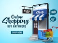 Online sale shopping vector banner design. Online shopping text with phone, cart and paper bag elements Royalty Free Stock Photo