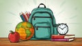 Online School Banner. Yellow Backpack and Scientific Icons on Checkered Paper Background