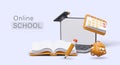 Online school. Cute 3D illustration. Notebook, calendar, backpack, book, pencil, graduate hat