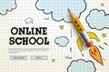 Online School. Digital internet tutorials and courses, online education, e-learning. Web banner template for website