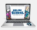 Online school e-learning vector concept design. Online school text in laptop device with notepad, mouse and ballpen elements.