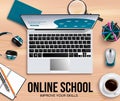 Online school education vector banner background. Online school improve yor skills text with digital tools like laptop, mouse.