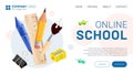 Online school landing page graphic design. Vector illustration with realistic stationary - pen, pencil, paintbrush, ruler, pushpin