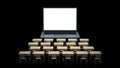 Online school in pandemic times. Laptop and classroom desks on black background. Royalty Free Stock Photo