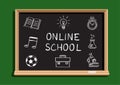 Online school text and symbols on blackboard
