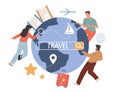 Online search bar tickets. Beneficial travel tour, help service, people fly around globe, interface users. Booking and