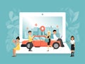 Online service car sharing, businesswoman and businessman order vehicle personal use concept flat vector illustration