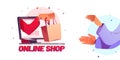 Online shop cartoon poster hand give shopping bag