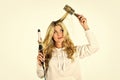 Online shop. Choose right type curling iron for your needs. Girl adorable blonde. Create hairstyle. Woman with long