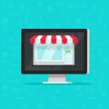 Online shop on computer vector illustration, e-commerce store, internet shop , flat cartoon laptop as ecommerce