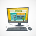 Online shop concept with computer shop building, computer mouse and keyboard, vector cartoon illustration