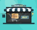 Online Shop Concept. Open laptop with buy screen and shopping basket. Vector Royalty Free Stock Photo