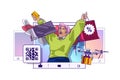 Online shop concept with people scene in flat cartoon design for web. Happy woman with bags making bargain purchases in internet Royalty Free Stock Photo