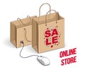 Online Shop concept, web store, internet sales, Shopping bag with pc mouse connected isolated on white background. Isometric Royalty Free Stock Photo