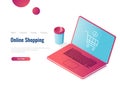 Online shop isometric icon, laptop with shopping basket, order purchase, 3d