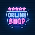 Online Shop neon sign, bright signboard, light banner. Sexy Berry logo, emblem and label. Strawberry sing neon. Vector