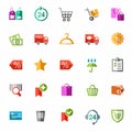 Online shop, payment, delivery, discounts, colorful icons. Royalty Free Stock Photo