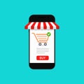 Online shop in phone. Store in smartphone. App of supermarket with internet purchase. Concept of online buy. Digital screen of Royalty Free Stock Photo