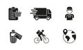 Online Shop Silhouette Icon Set. Global Delivery, Shipping, E-commerce Glyph Pictogram. Supermarket Shopping Solid Sign