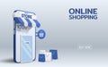 Online shop on smartphone mobile with a stack of shopping bag and sign says open hanging on a glass door. World wide trade