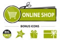 Online Shop Web Button With Shopping Cart And Bonus Icons - Vector Sticker Illustration With Scissor And Cut Line - Isolated On Wh Royalty Free Stock Photo