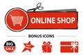 Online Shop Web Button With Shopping Cart And Bonus Icons - Vector Sticker Illustration With Scissor And Cut Line Royalty Free Stock Photo