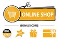 Online Shop Web Button With Shopping Cart And Bonus Icons - Vector Sticker Illustration With Scissor And Cut Line Royalty Free Stock Photo